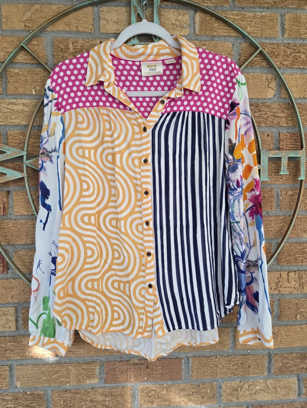 Maeve Multicolor Patchwork Button-Down Shirt — Pink, Yellow, Blue - Picture 3 of 7